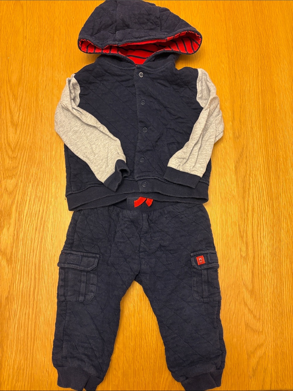 Navy Quilted Baby Boy Hooded Jacket with Grey Sleeves and matching Joggers